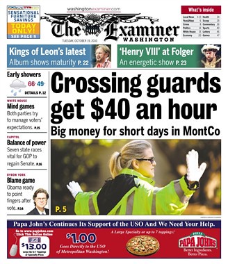 Crossing guard pay headline cover image, Washington Examiner, 10/19/2010