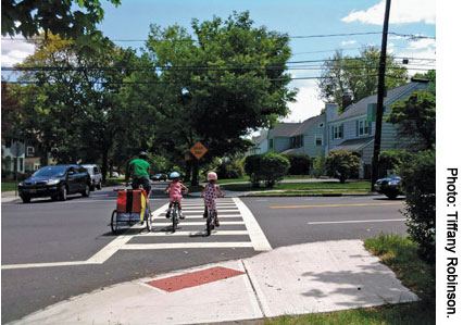 Focus cities have installed high-visibility crosswalks, such as this one in Montclair, NJ, in a number of locations to improve pedestrian safety.